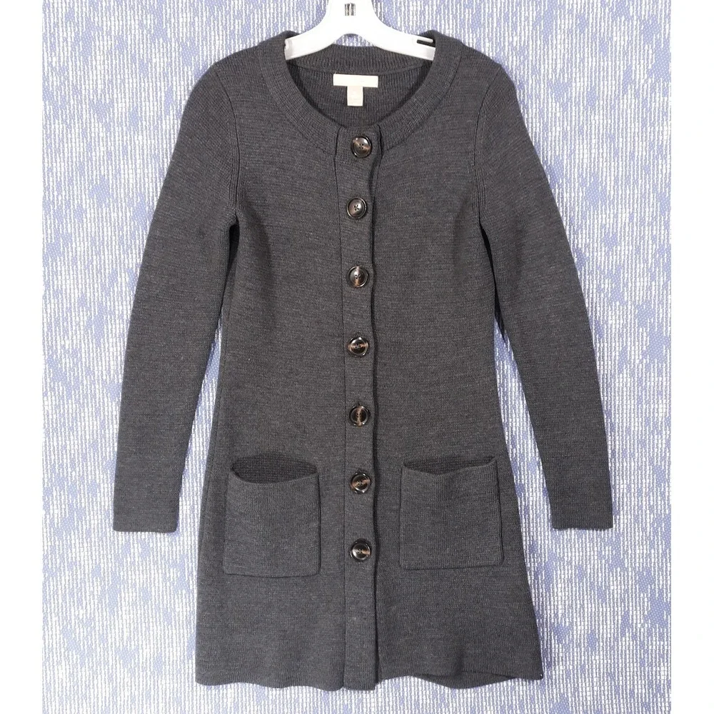 Banana Republic Cardigan Sweater Merino Wool Blend Womens XS Gray Button Up